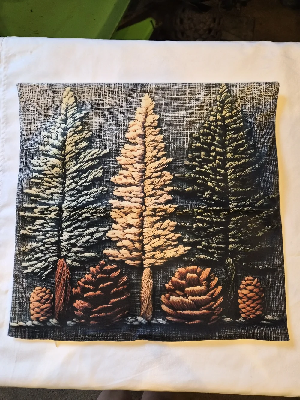 Embroidered Pine Tree & Pinecone Decorative Pillow Cover - Forest Colors